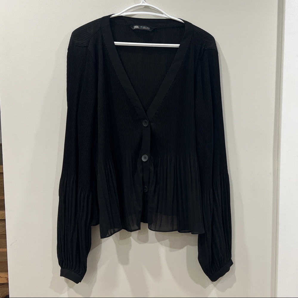 Zara Black Button-Up Pleated Blouse